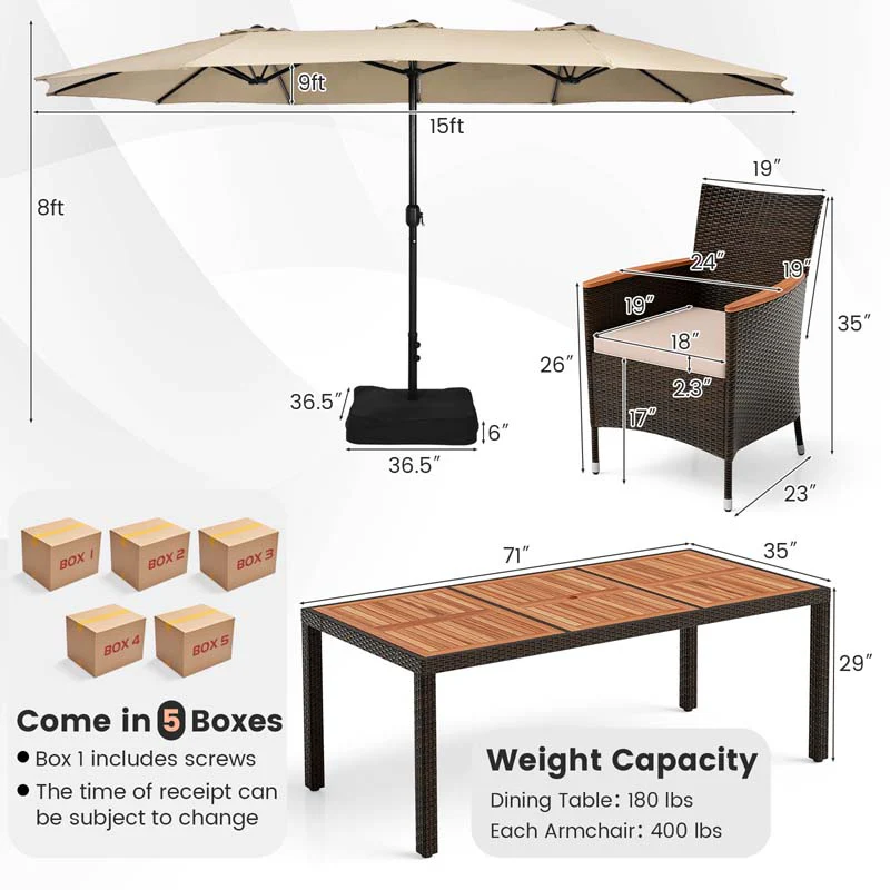 10Pcs Patio Rattan Dining Set with 15FT Double-Sided Umbrella, Heavy Duty Acacia Wood Table & Stackable Wicker Chairs