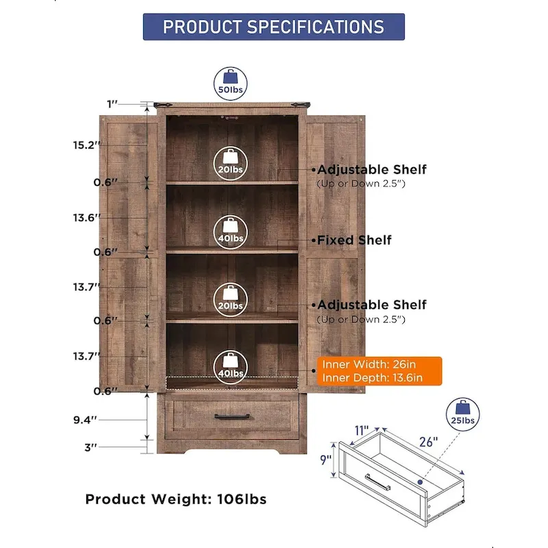 Farmhouse Kitchen Pantry Cabinet, Wood Storage Cabinets
