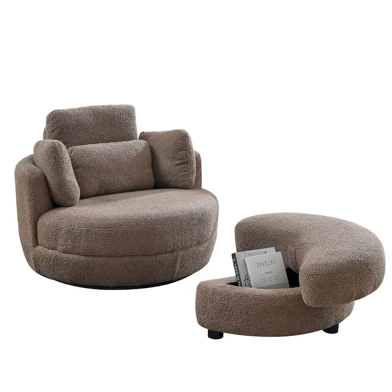 Oversized Swivel Cuddle Barrel Chair with moon storage ottoman
