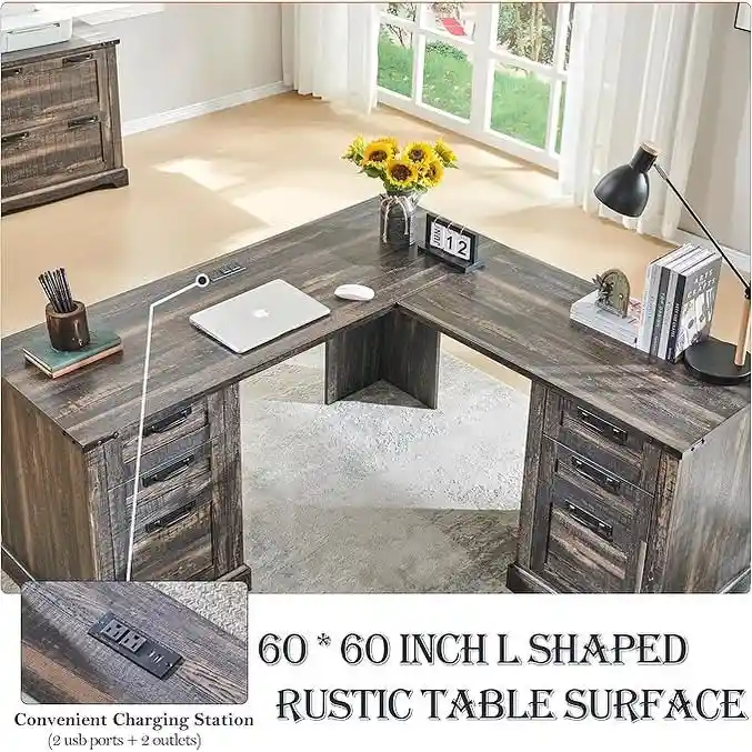 60 Farmhouse L Shaped Executive Desk, Wood Corner Desk, Computer Desk