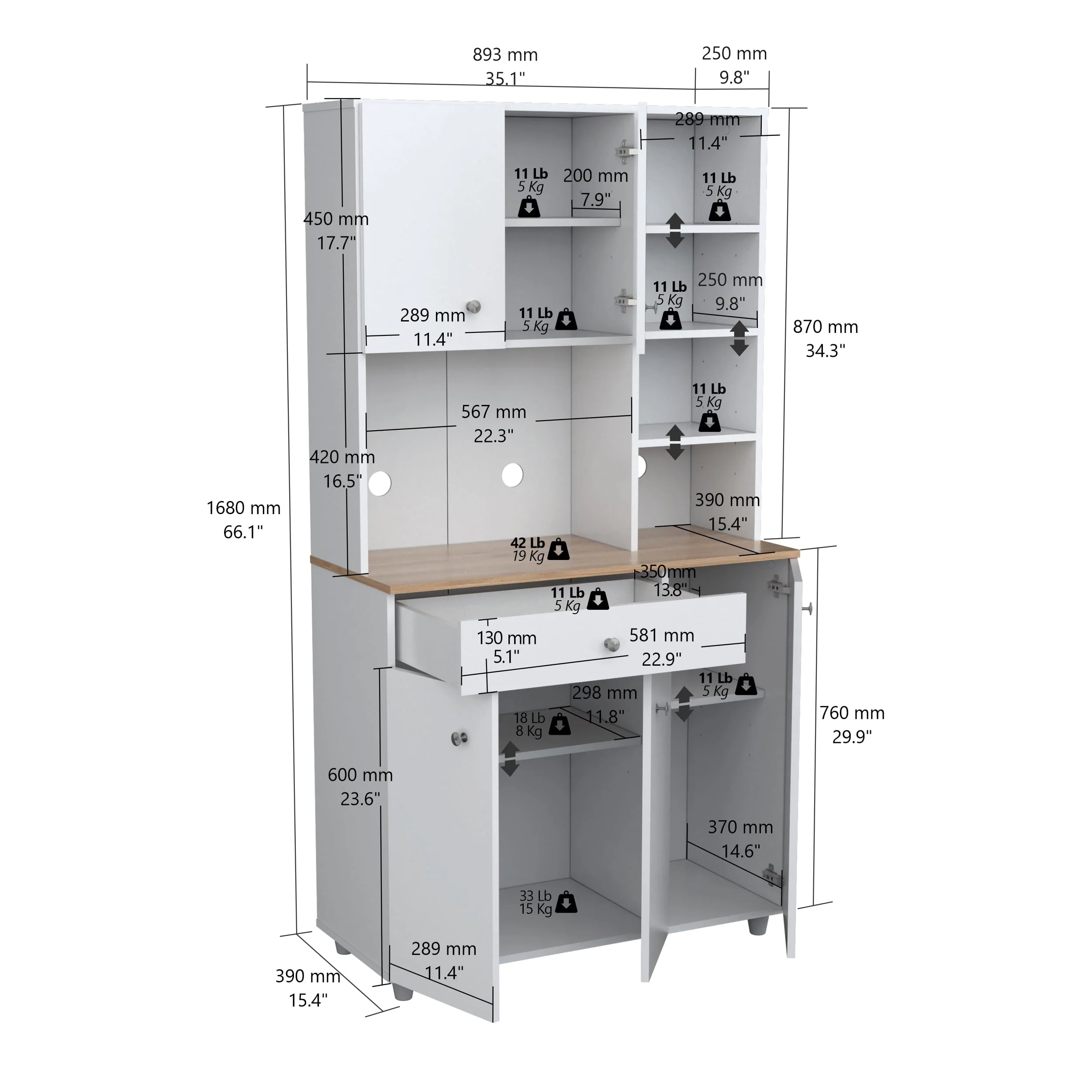 Inval 10-Shelf Kitchen Microwave Storage Cabinet (35 x 66 x 16), White/Maple