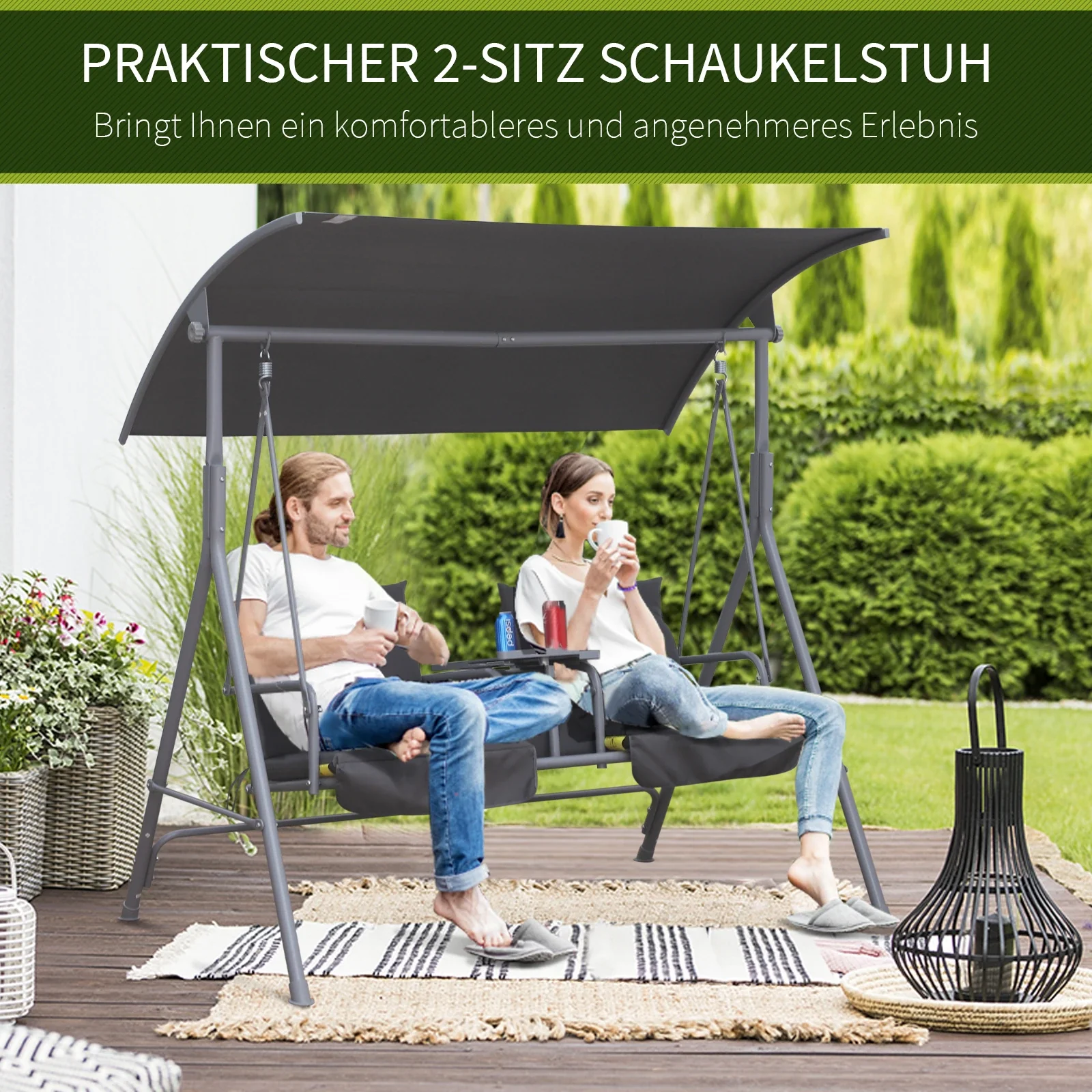Outsunny Hollywoodschaukel 2-Sitzer mit Sonnendach Becherhalter