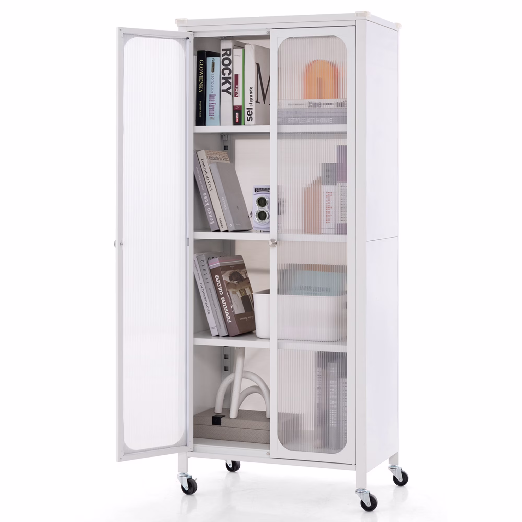 Costway Storage Cabinet with Wheels & 2 Translucent Doors Adjustable Shelves Sideboard 24" x 14.5" x 58"