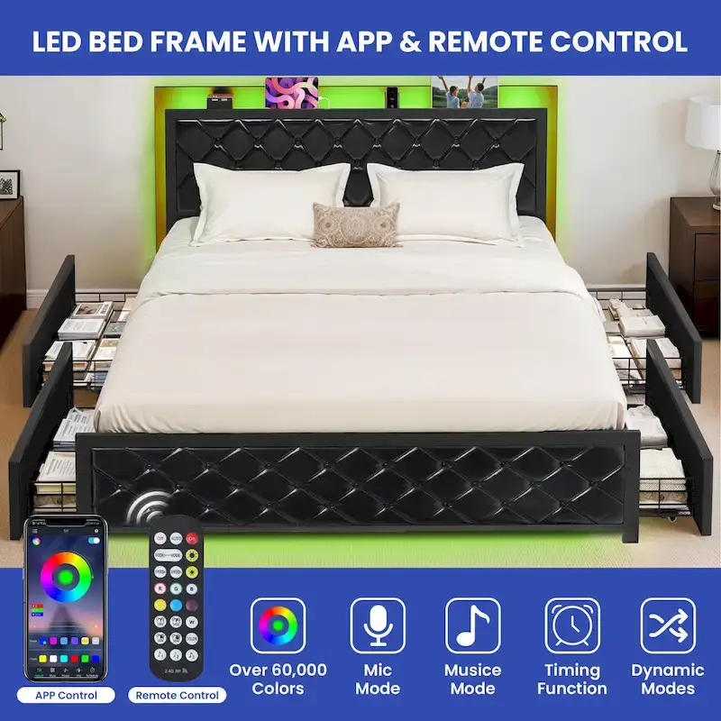 Moasis Queen Size PU Bed Frame LED Upholstered Platform Bed Frame
