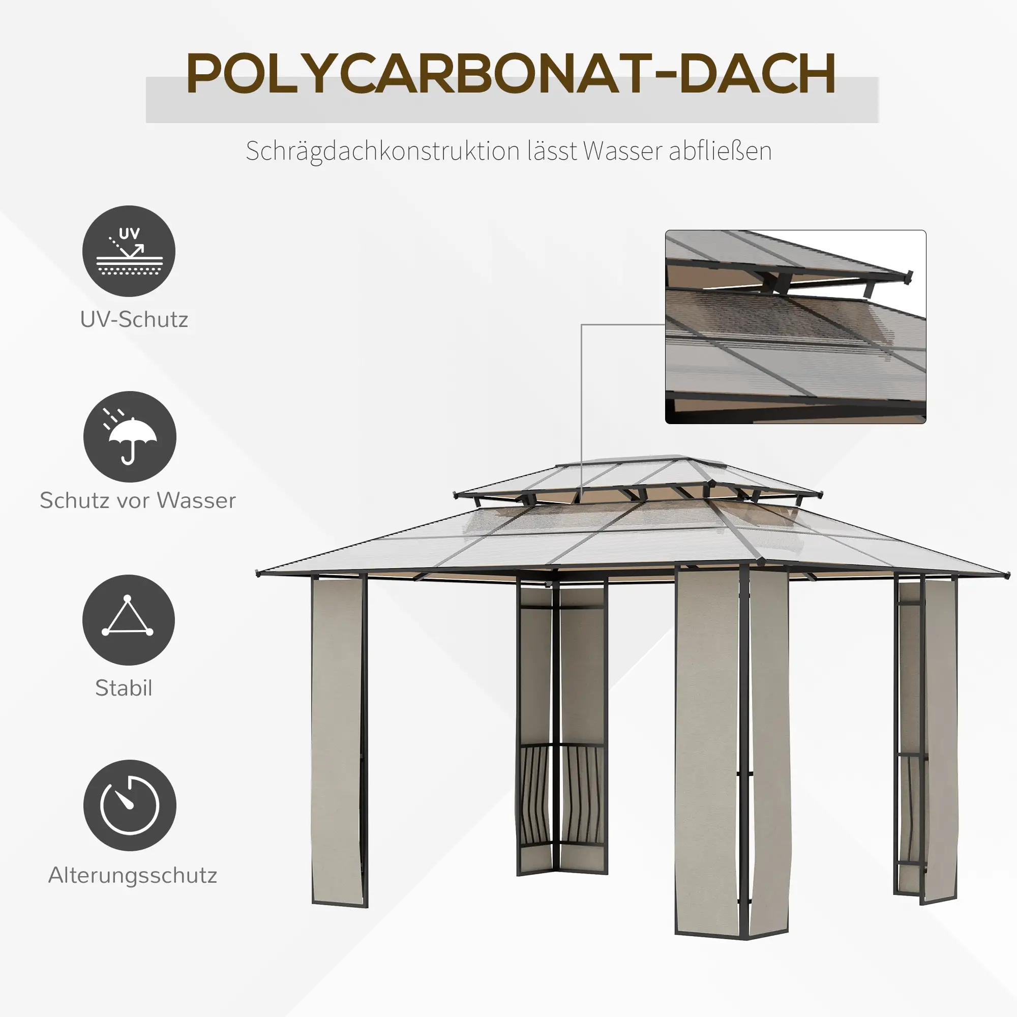 Outsunny Gartenpavillon Polycarbonat-Dach UV-Schutz Outdoor