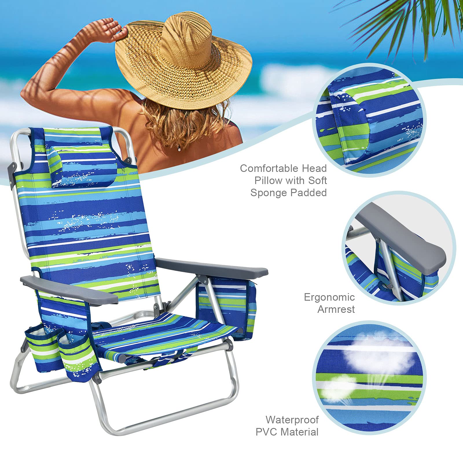 2-Pack Folding Backpack Beach Chair 5-Position Outdoor Reclining Chairs with Pillow
