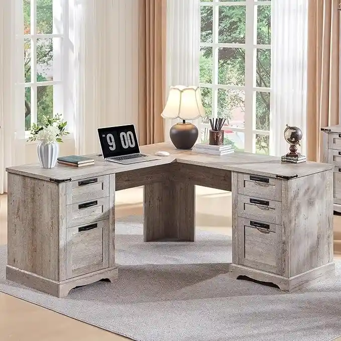 60 Farmhouse L Shaped Executive Desk, Wood Corner Desk, Computer Desk