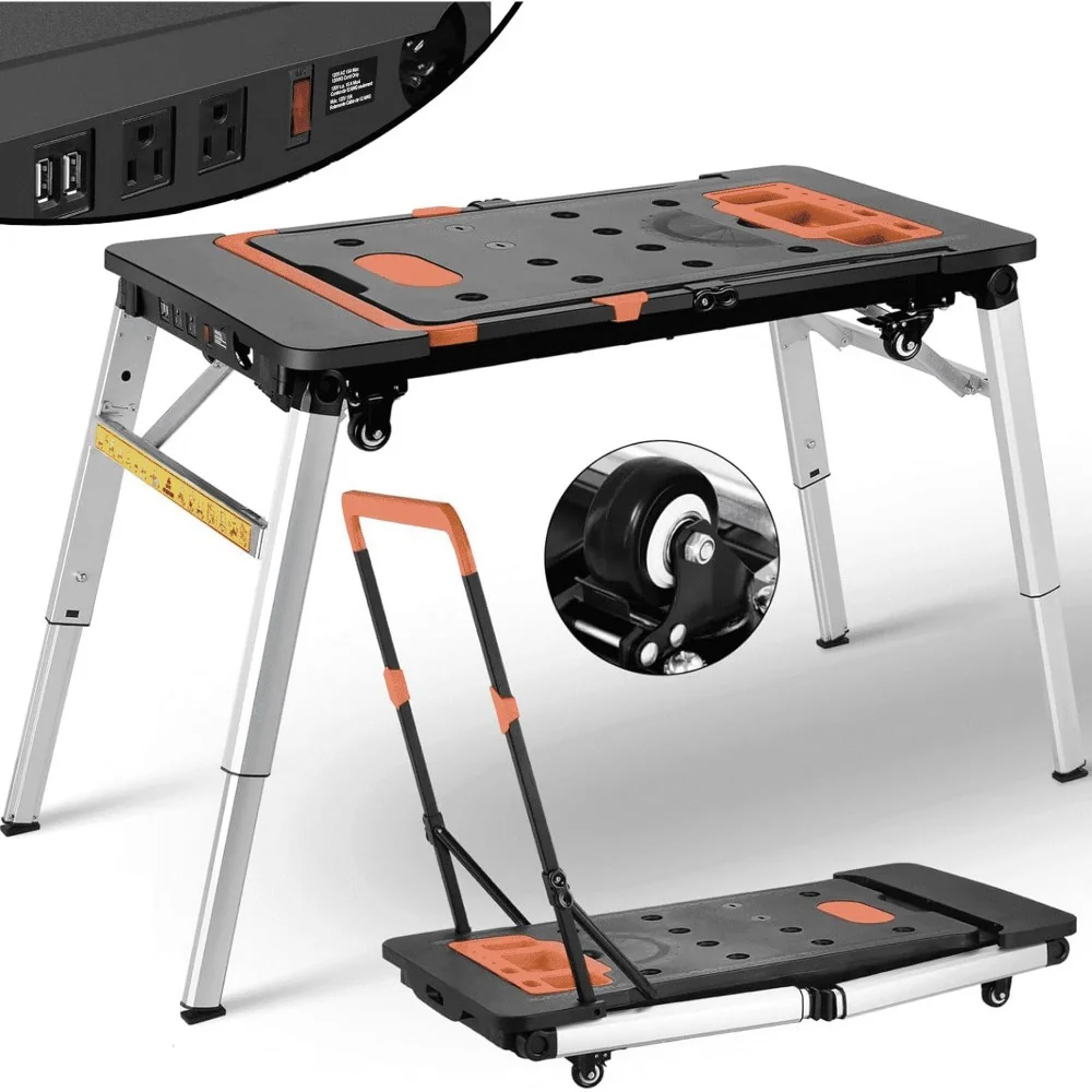 TLGREEN 7-in-1 Multifunctional Folding Work Table,Portable Workbench for Garage,as Sawhorse,Scaffold,Platform,Car Creeper,Dolly with Wheels
