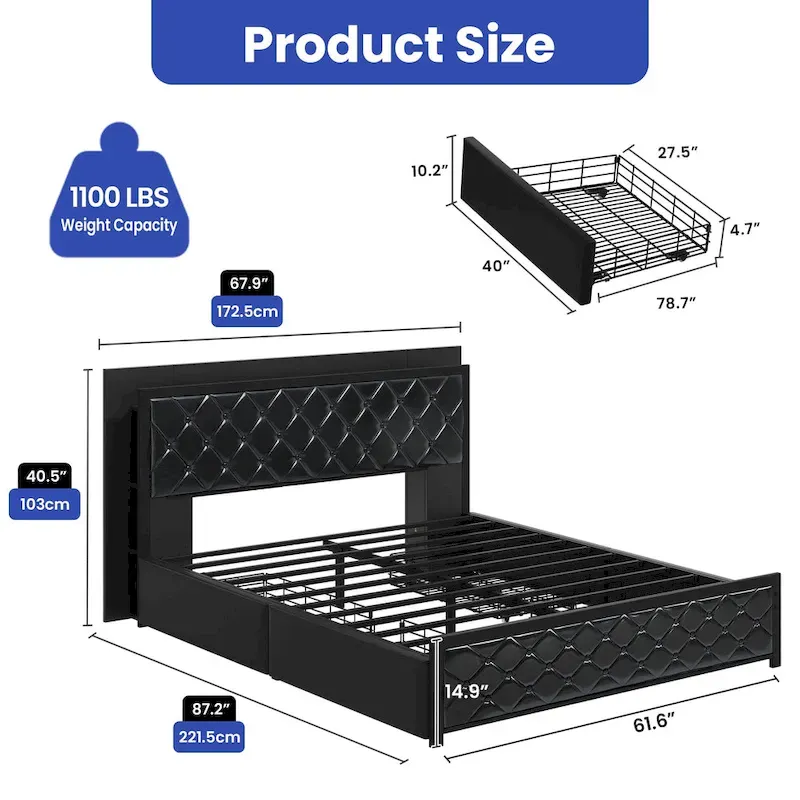 Moasis Queen Size PU Bed Frame LED Upholstered Platform Bed Frame