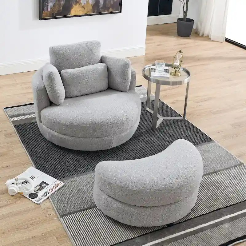 Oversized Swivel Cuddle Barrel Chair with moon storage ottoman