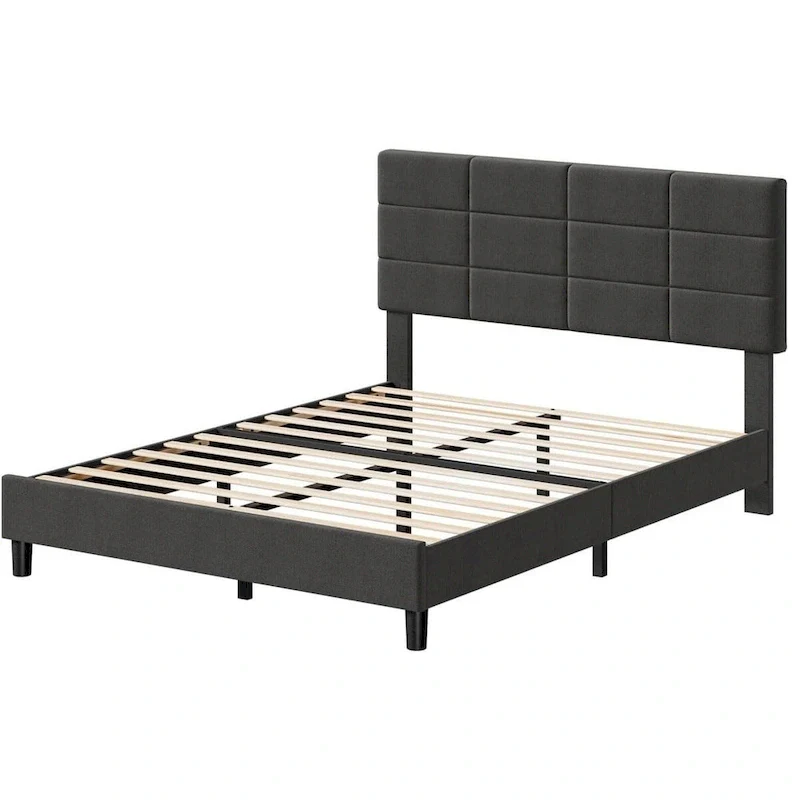 Linen Upholstered Bed Frame with Wooden Slats Support
