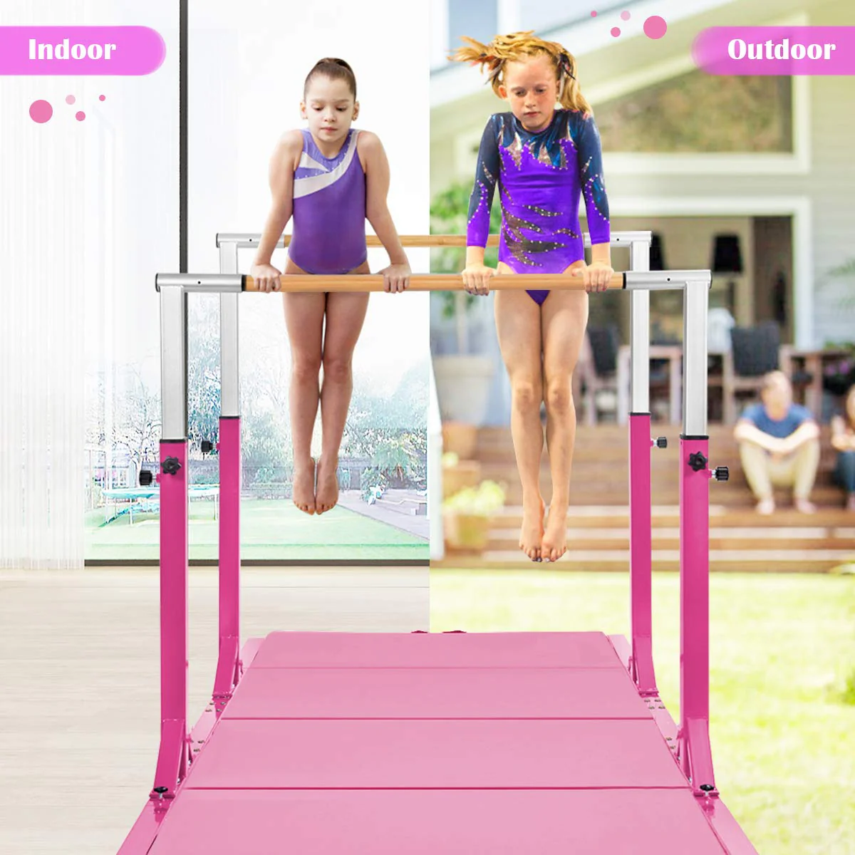 Gymnastics Parallel Bars, Double Horizontal Bar with Adjustable Width & 11-Level Heights, 120kg Weight Capacity