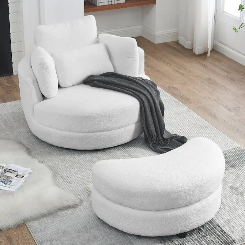 Oversized Swivel Cuddle Barrel Chair with moon storage ottoman
