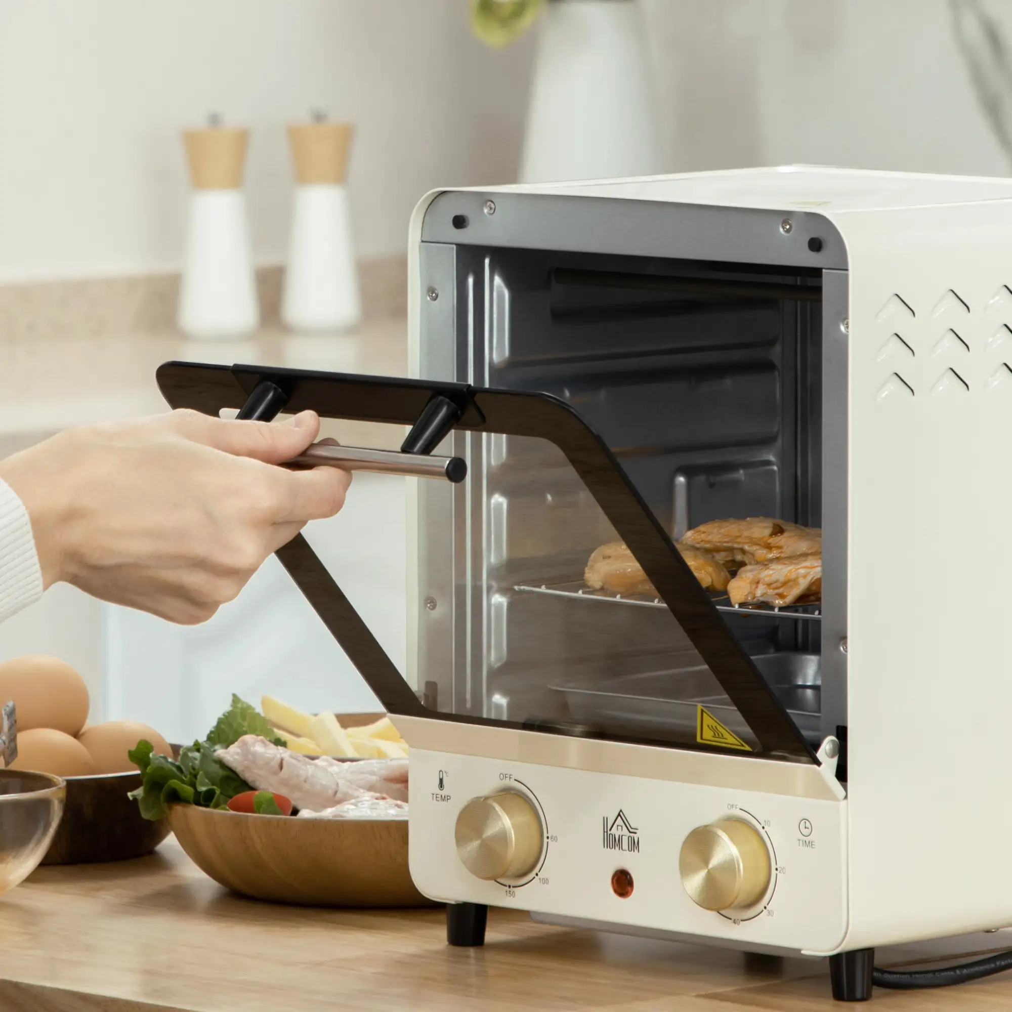 HOMCOM Minibackofen einstellbare Temperatur Timer Sichtfenster Cremeweiß