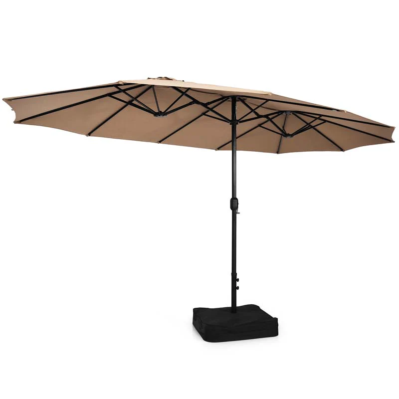 10Pcs Patio Rattan Dining Set with 15FT Double-Sided Umbrella, Heavy Duty Acacia Wood Table & Stackable Wicker Chairs