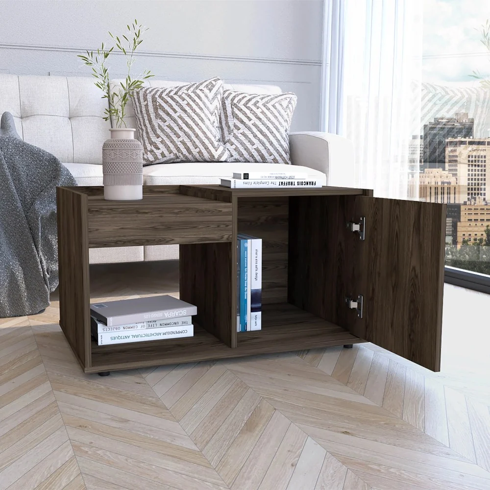 Coffee Table, Single Door Cabinet, One Open Shelf, Dark Walnut