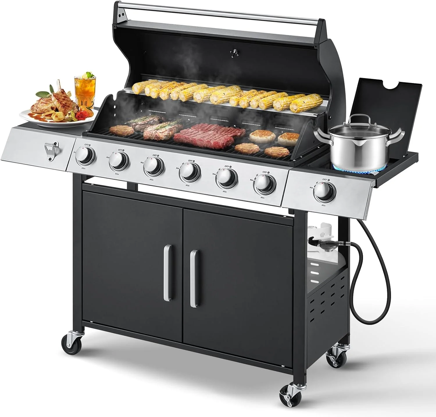 Upgraded 4 Burner BBQ Propane Gas Grill with Cast Iron Grates & Side Stove, 44,000 BTU Stainless Steel Burner Barbecue Grill for Patio, Camping, Outdoor Cooking MELLCOM