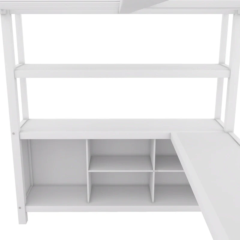 Off-White Metal Loft Bed with Desk and Wardrobe - Full Size