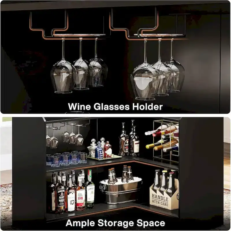 L-Shaped Bar Cabinet with Stemware Racks for Home Pub