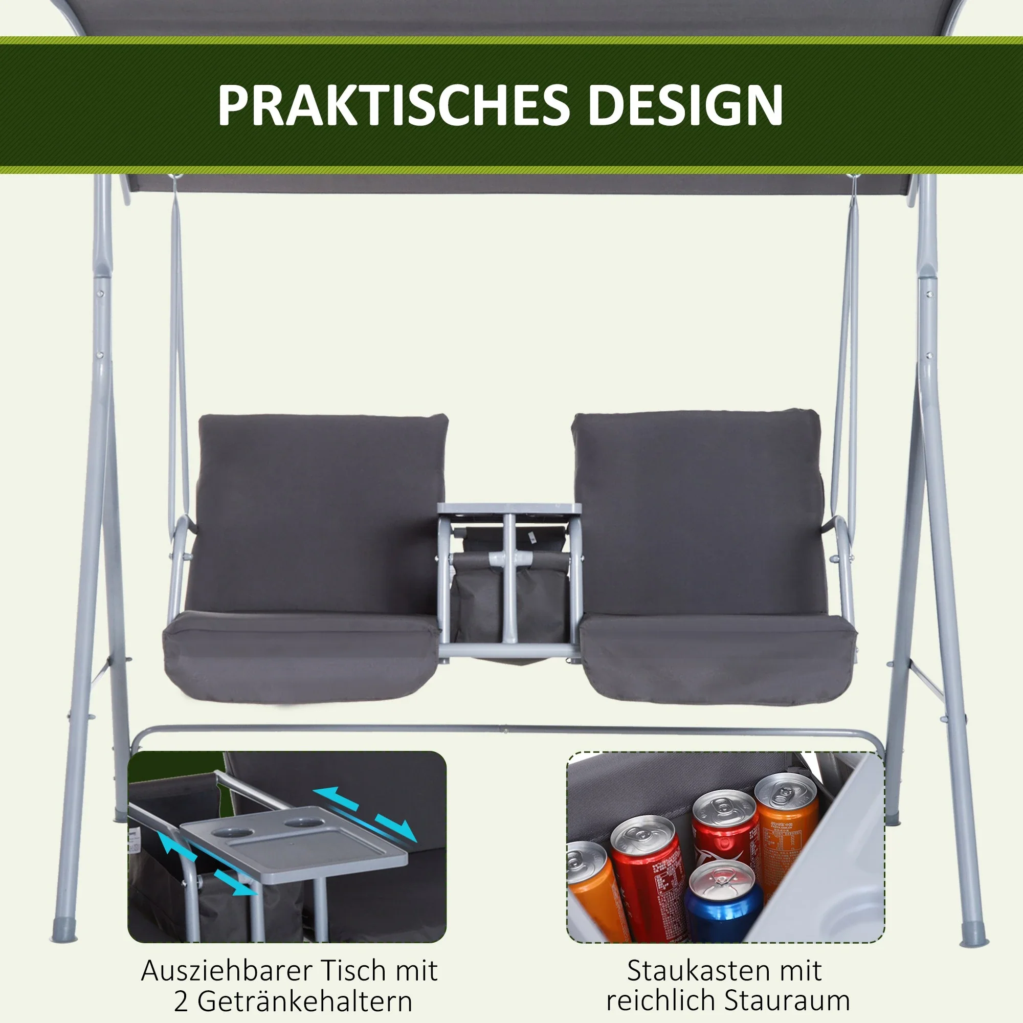 Outsunny Hollywoodschaukel 2-Sitzer mit Sonnendach Becherhalter