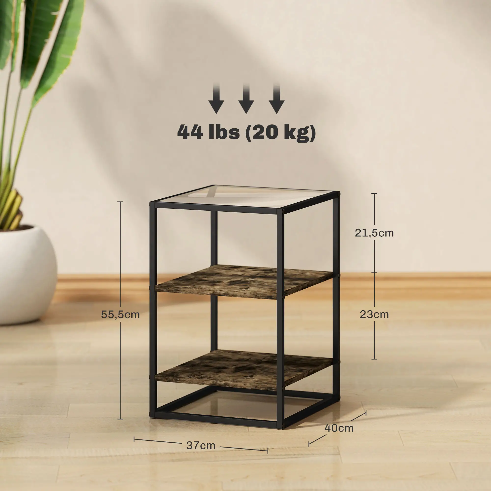 HOMCOM Beistelltisch 2er-Set dreistufig mit Glasplatte Rustikal-Braun