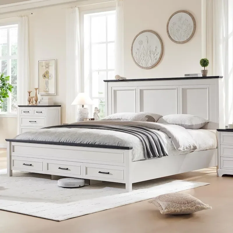 Farmhouse King Wood Bed Frame with Headboard, Platform Bedframe