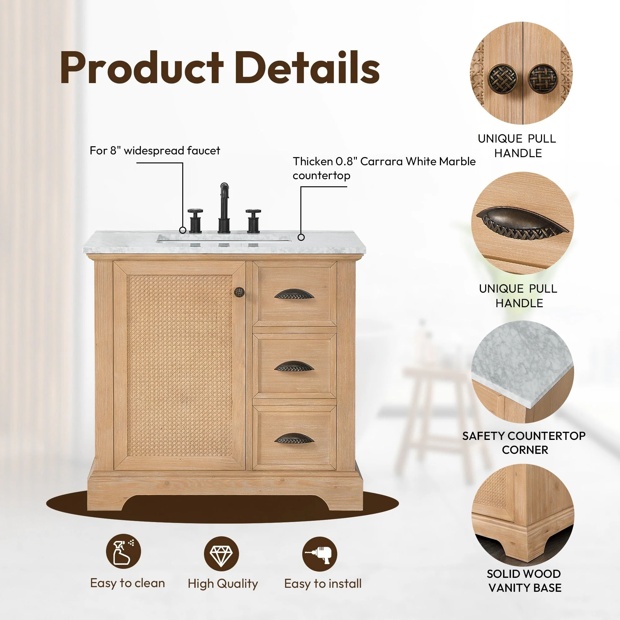 Hervas Bath Vanity with Natural Marble Top without Mirror