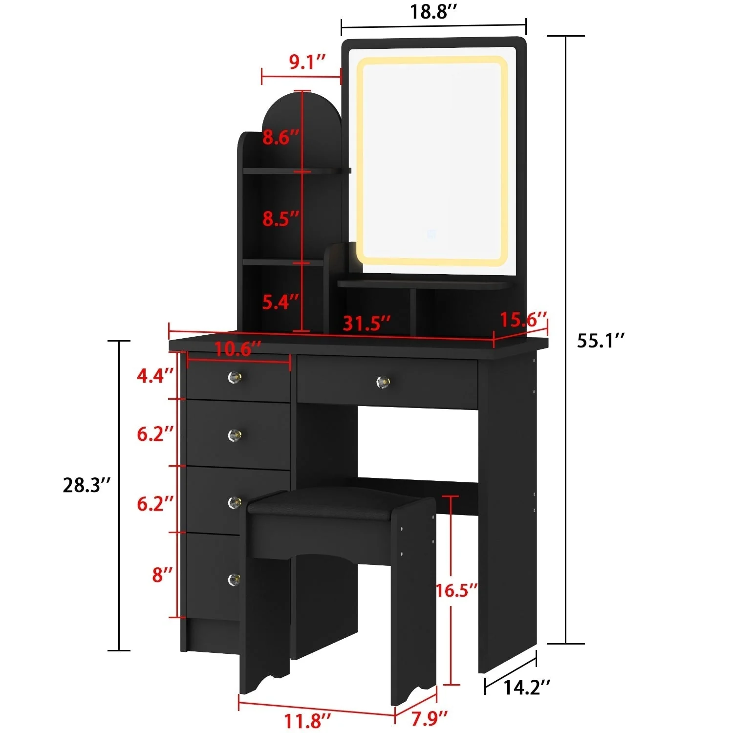Makeup Vanity Set Table With LED Light &Mirror & Stool