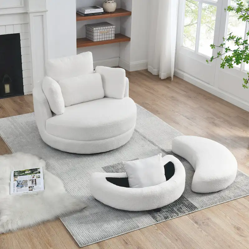 Oversized Swivel Cuddle Barrel Chair with moon storage ottoman