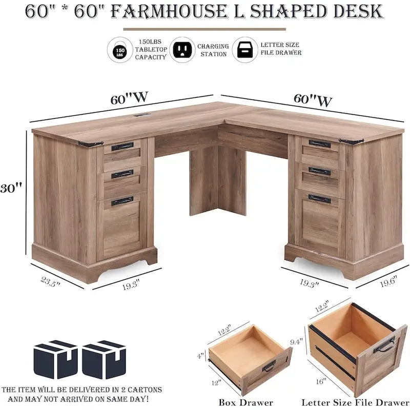 60 Farmhouse L Shaped Executive Desk, Wood Corner Desk, Computer Desk