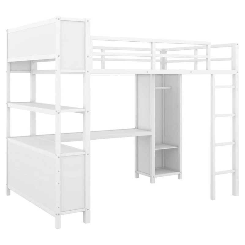 Off-White Metal Loft Bed with Desk and Wardrobe - Full Size