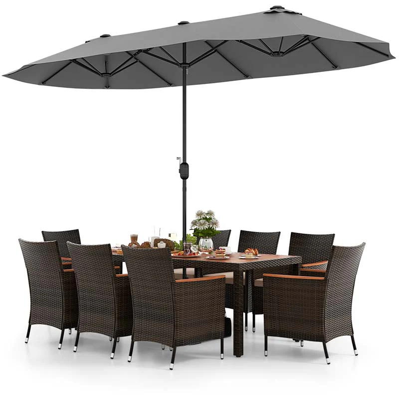 10Pcs Patio Rattan Dining Set with 15FT Double-Sided Umbrella, Heavy Duty Acacia Wood Table & Stackable Wicker Chairs