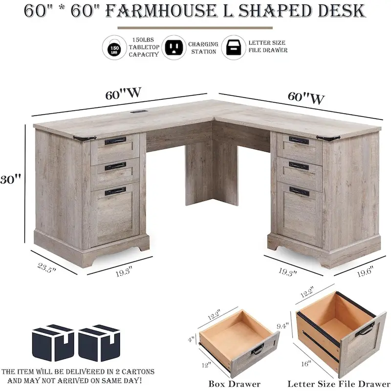 60 Farmhouse L Shaped Executive Desk, Wood Corner Desk, Computer Desk