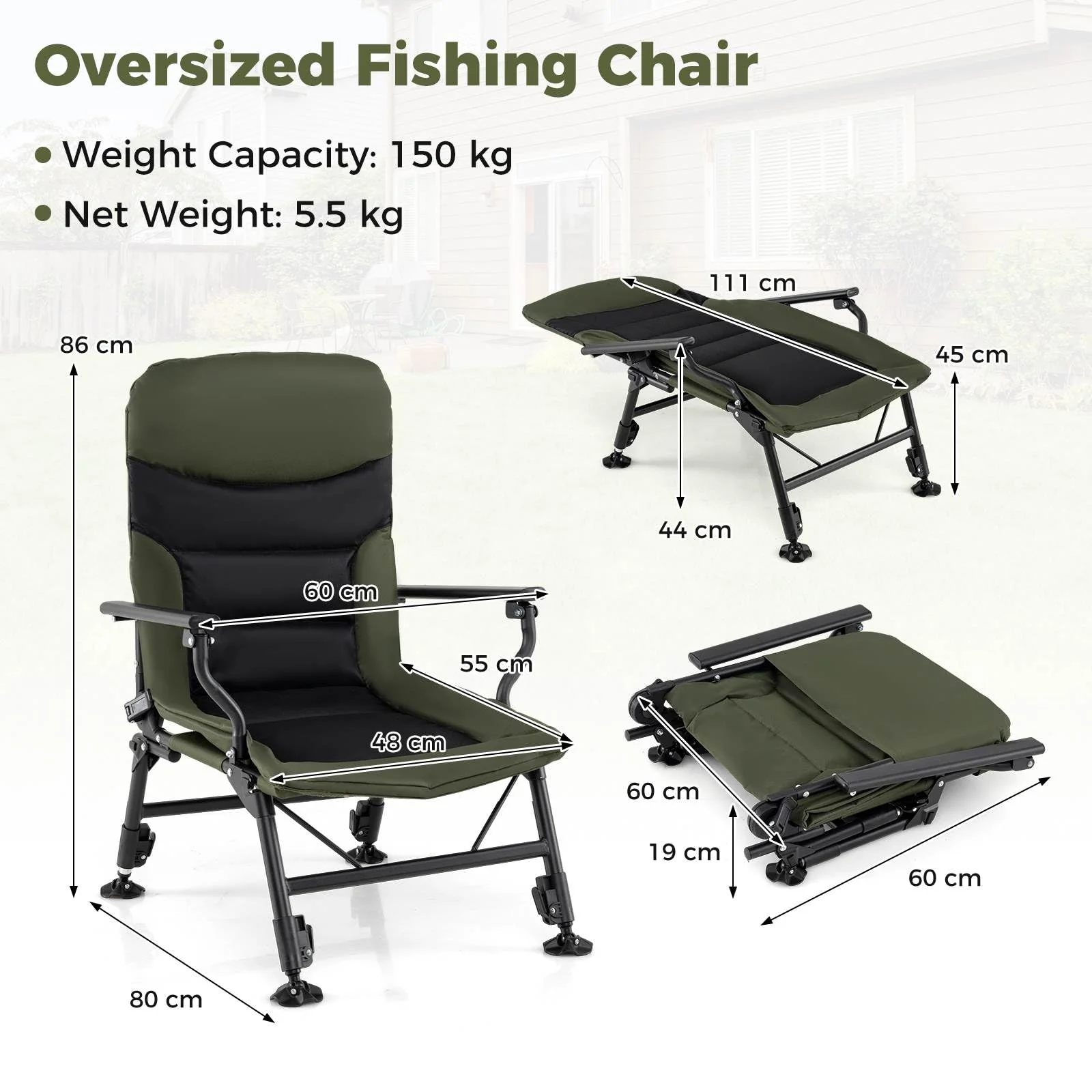 Oversized Foldable Fishing Chair for Adults with Padded High-Back and Armrest