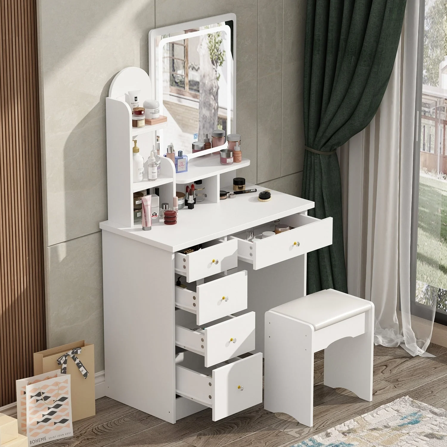 Makeup Vanity Set Table With LED Light &Mirror & Stool