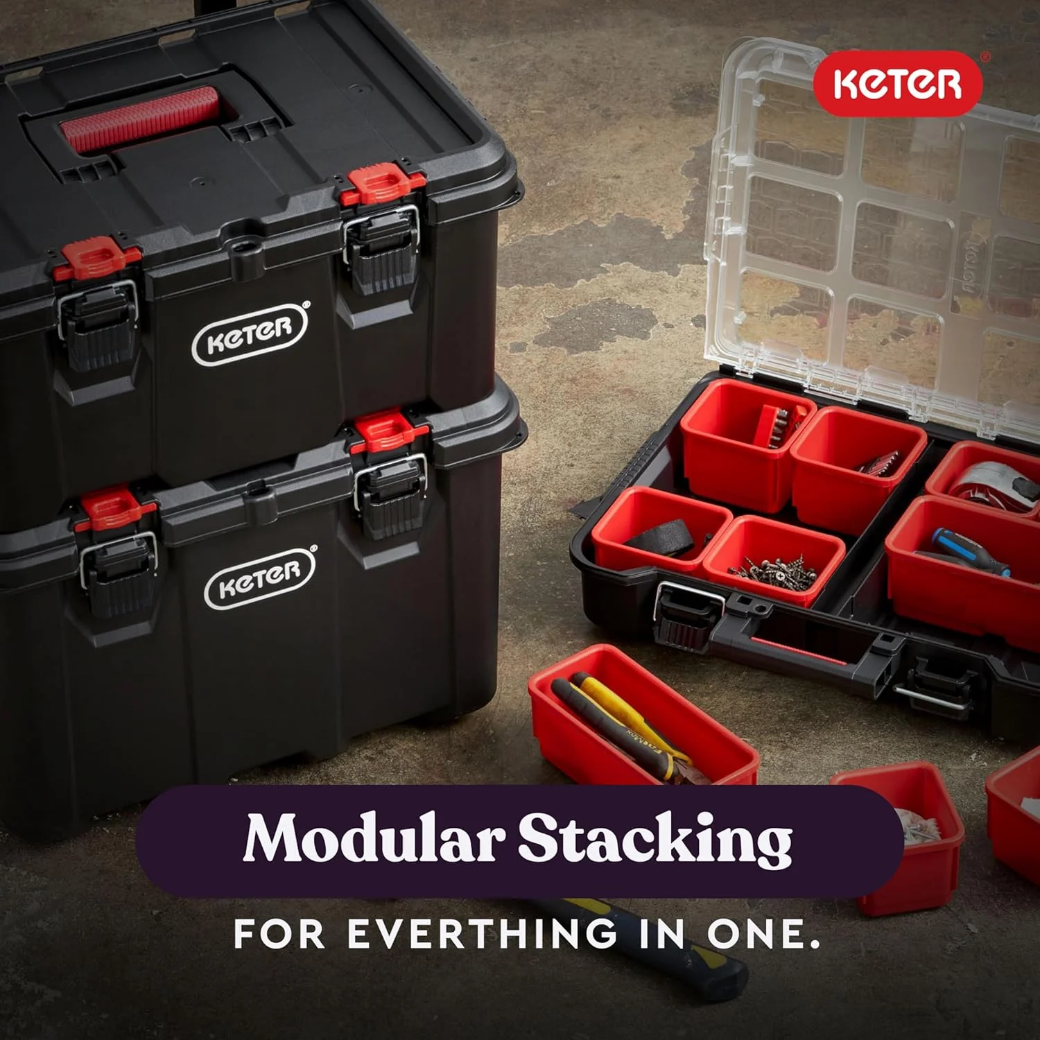 Modular Tools Organizer for Garage Storage and DIY, 3 Piece Resin Rolling Tool Box System for Small Parts