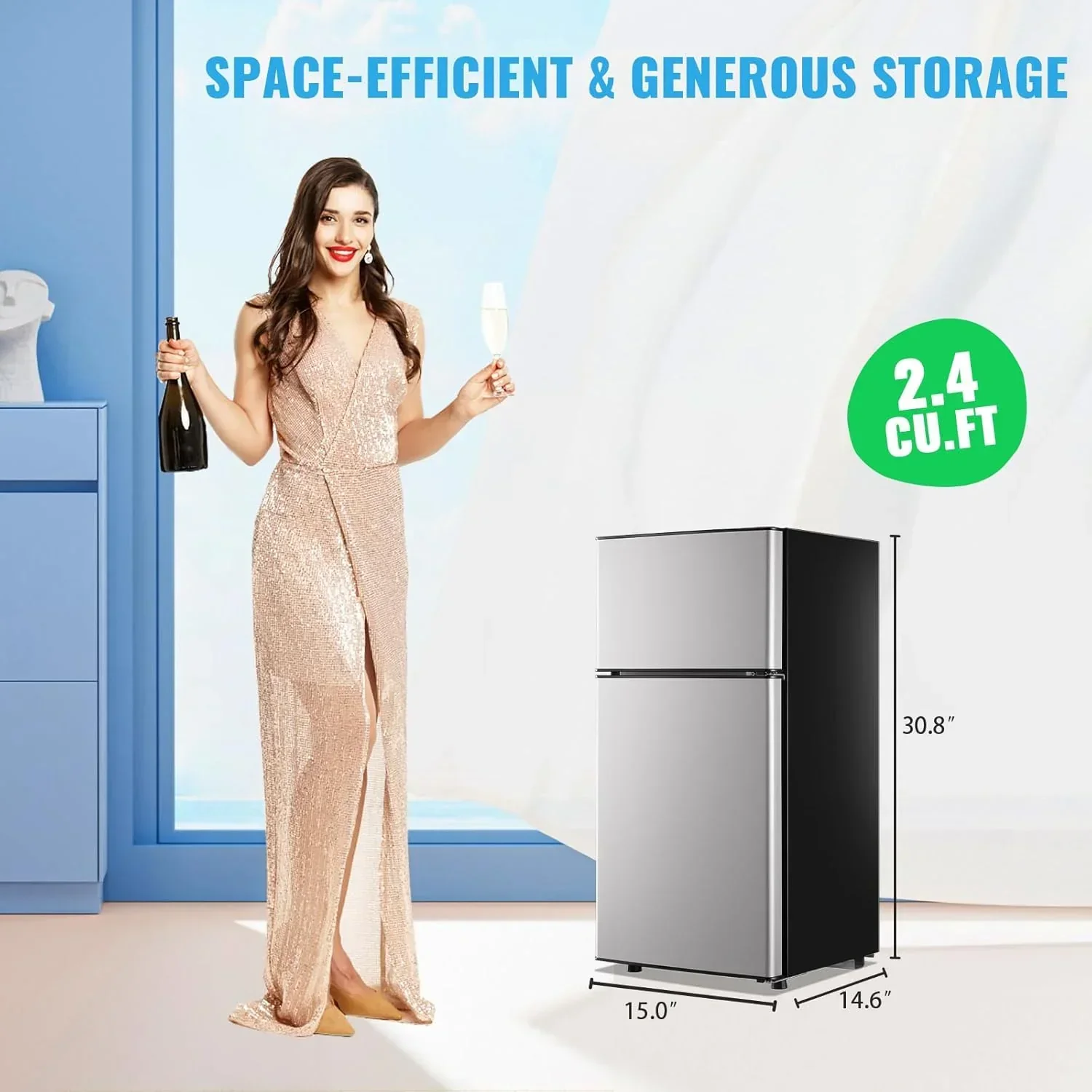 2.4 Cu.Ft Mini Fridge with Freezer Double Door Small Tiny Size Refrigerator with 7 Control Knob