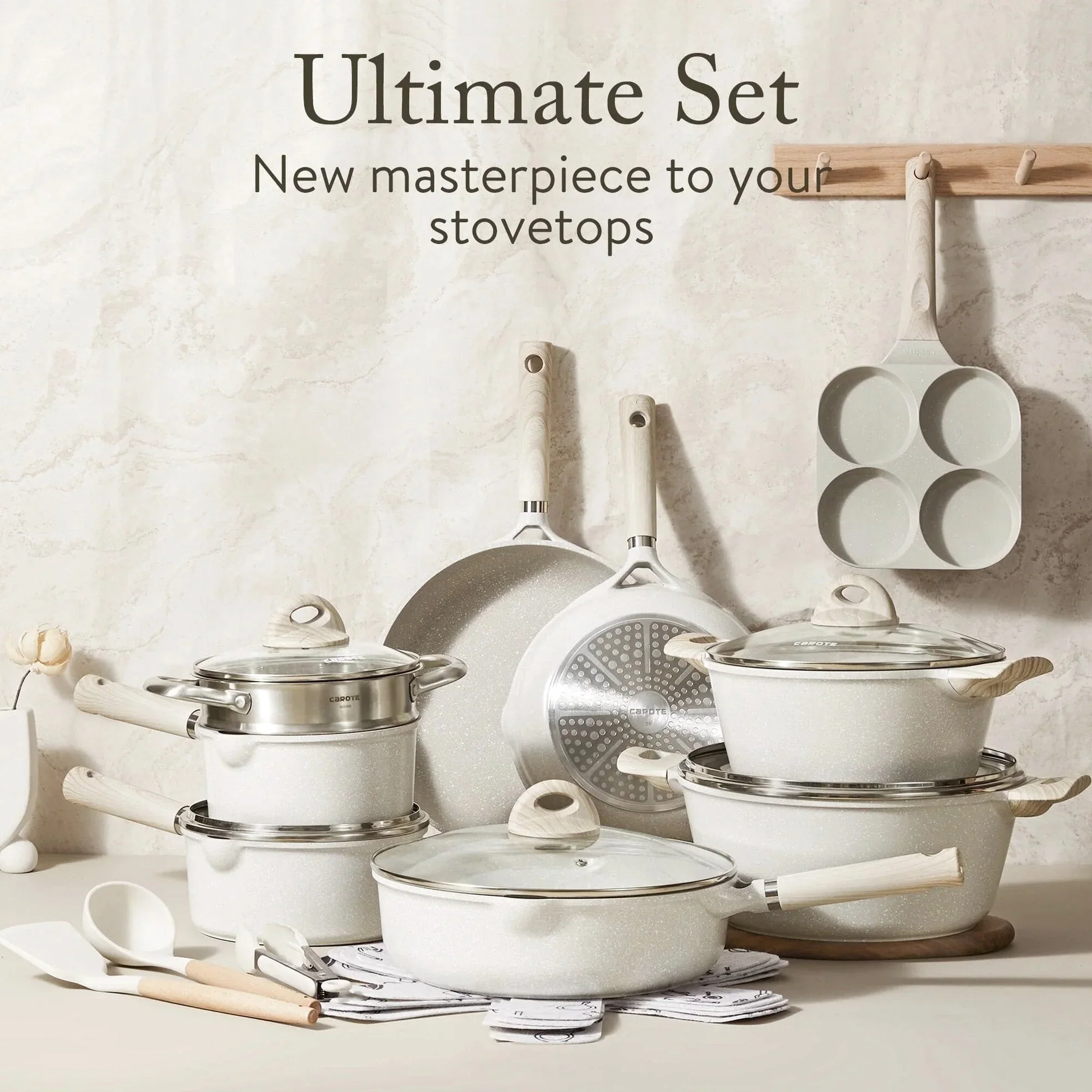 Carote 21-Piece Nonstick Cookware Set, Eco-Friendly Granite, Induction Compatible, Beige